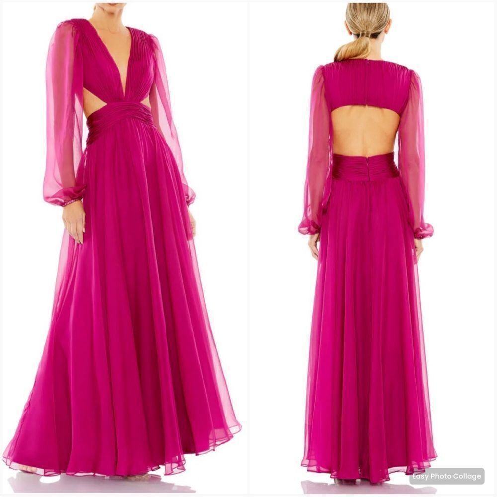 Nwt Mac Duggal 55823 Ruched Cut Out Puff Sleeve A Line Gown Berry 12
